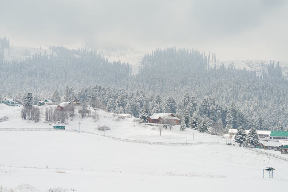 A tranquil winter scene of snow-covered houses nestled in a mountain village.