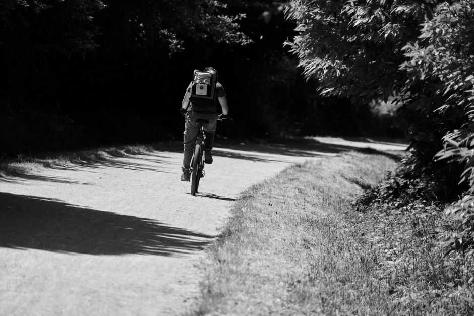 A cyclist biking on a sunlit dirt road in a forest, wearing a backpack.