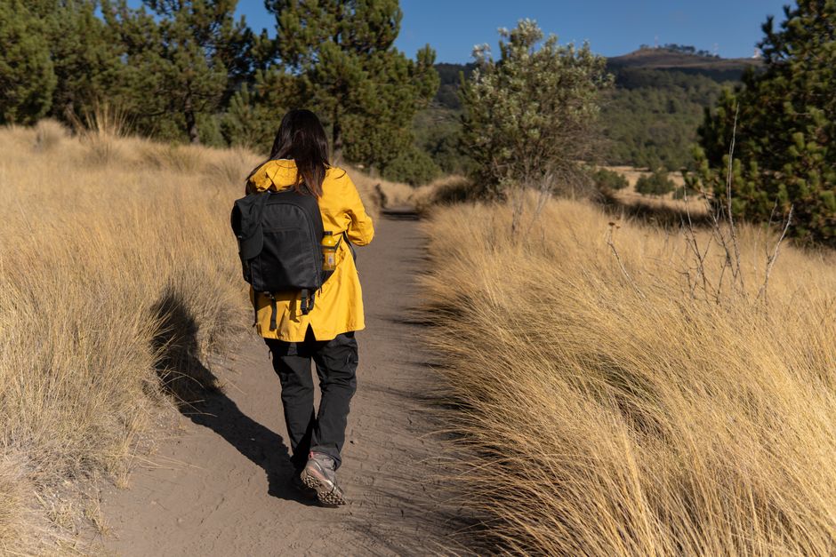 A solo hiker in a yellow jacket explores a picturesque trail in Puebla, Mexico.