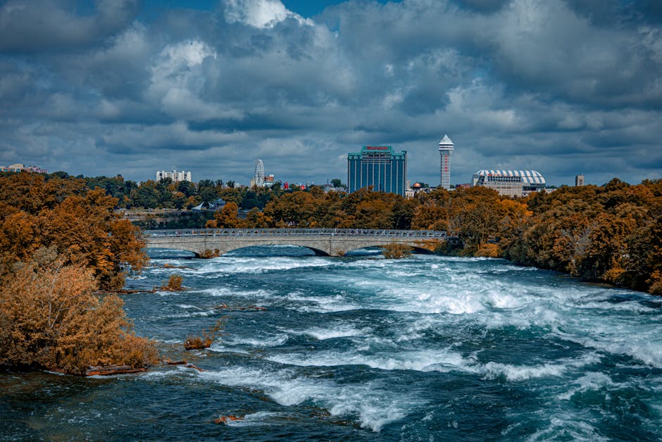 Scenic autumn view of Niagara River, showcasing vibrant foliage and city skyline.