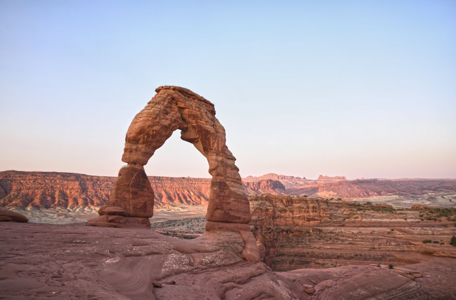 Capture of Delicate Arch in Arches National Park at sunset, showcasing natural beauty.