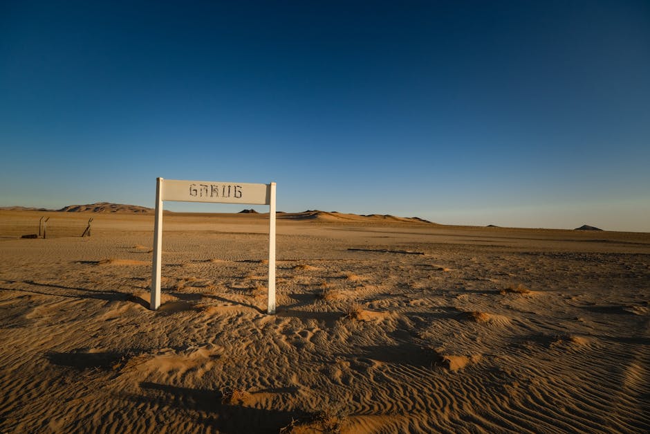 A vast, arid desert landscape with a solitary signpost under a clear sunset sky.
